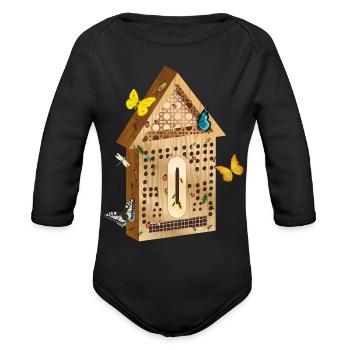 Wooden look insect hotel with insect illustration - Organic Long Sleeve Baby Bodysuit - black - Front