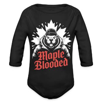 Maple Blooded Beaver with Crown Canadian - Organic Long Sleeve Baby Bodysuit - black - Front