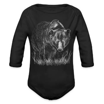 Grizzly in Grass Noir - Organic Long Sleeve Baby Bodysuit - black - Front