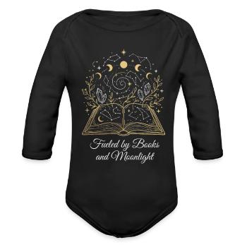 Fueled by Books and Moonlight,Witchy Dark Academia - Organic Long Sleeve Baby Bodysuit - black - Front