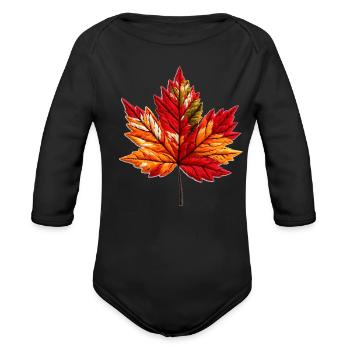 Autumn Maple Thread Leaf - Organic Long Sleeve Baby Bodysuit - black - Front