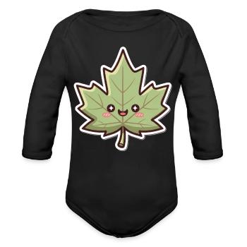 Kawaii Maple Leaf Character - Organic Long Sleeve Baby Bodysuit - black - Front