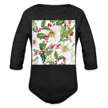 Winter Holly Bloom Watercolor - Organic Long Sleeve Baby Bodysuit - black - Front
