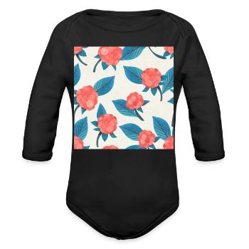 Raspberry Blue Floral Pattern - Organic Long Sleeve Baby Bodysuit - black - Front