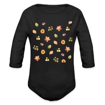 Autumn Meadow Floral Scatter - Organic Long Sleeve Baby Bodysuit - black - Front