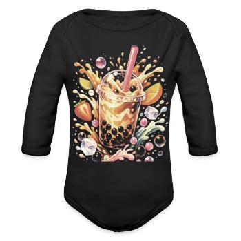 Bubble Tea Tapioca Beads Splash Art - Organic Long Sleeve Baby Bodysuit - black - Front