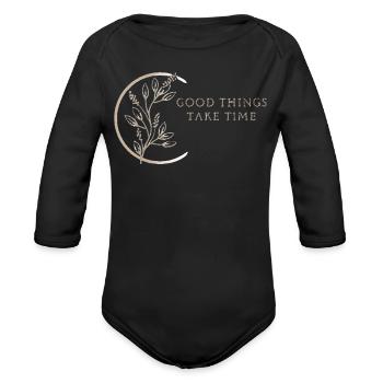Good Things Take Time Botanical Logo - Organic Long Sleeve Baby Bodysuit - black - Front