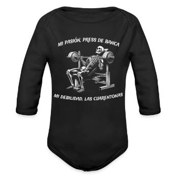 Skeleton Bench Press Gym Humor - Organic Long Sleeve Baby Bodysuit - black - Front
