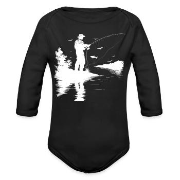 Fisherman Graphic - Organic Long Sleeve Baby Bodysuit - black - Front