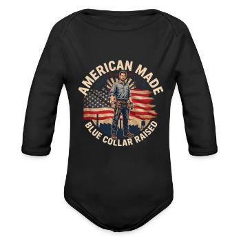 American Made – Blue Collar Raised - Organic Long Sleeve Baby Bodysuit - black - Front