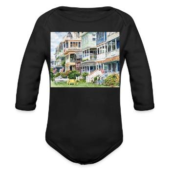 Ocean Grove NJ – Bicycles and Yellow Bench - Organic Long Sleeve Baby Bodysuit - black - Front