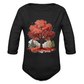 Autumn Watercolor Maple Tree - Organic Long Sleeve Baby Bodysuit - black - Front