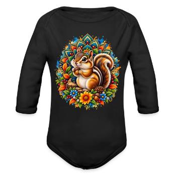 Cute Autumn Squirrel Floral Mandala Art - Organic Long Sleeve Baby Bodysuit - black - Front