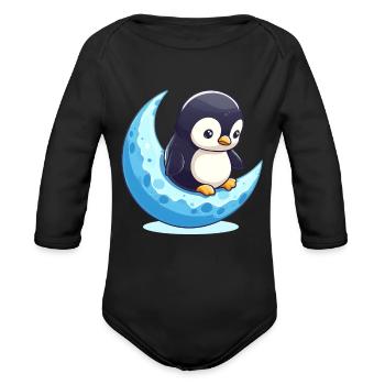 Penguin on crescent moon - moonlight dreams - Organic Long Sleeve Baby Bodysuit - black - Front