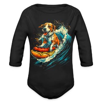 Space Dog surfing Hot - Organic Long Sleeve Baby Bodysuit - black - Front