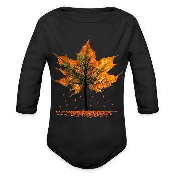 Maple Tree Falling Leaves Autumn Season - Organic Long Sleeve Baby Bodysuit - black - Front