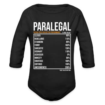 Paralegal Daily Value funny Paralegal - Organic Long Sleeve Baby Bodysuit - black - Front