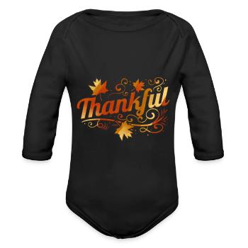 Ornament Brown Maple Leaves Thankful On - Organic Long Sleeve Baby Bodysuit - black - Front