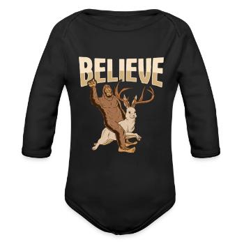 Cryptozoology Cryptid Design Bigfoot riding on - Organic Long Sleeve Baby Bodysuit - black - Front