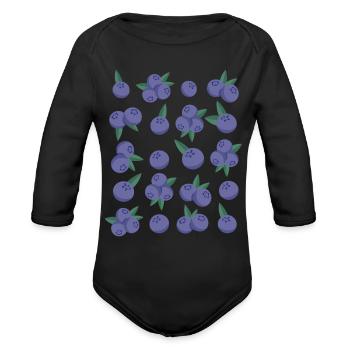 Blueberry Berry Fruit Pattern - Organic Long Sleeve Baby Bodysuit - black - Front
