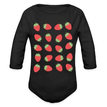 Strawberry Berry Fruit Pattern - Organic Long Sleeve Baby Bodysuit - black - Front