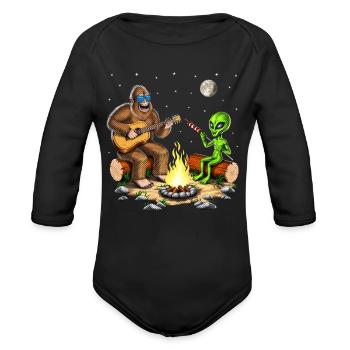 Bigfoot and Alien Camping - Organic Long Sleeve Baby Bodysuit - black - Front