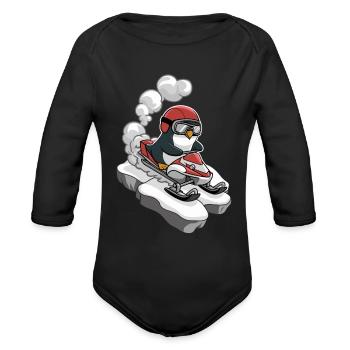 Penguin Riding Snowmobile With Goggles - Organic Long Sleeve Baby Bodysuit - black - Front