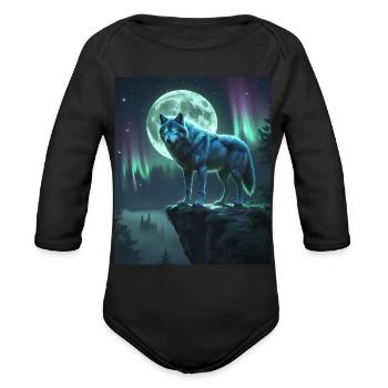 Mystical Wolf Under Moonlight - Organic Long Sleeve Baby Bodysuit - black - Front