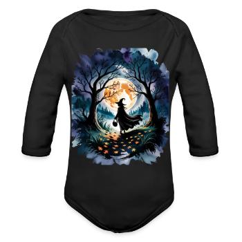 Witch Walks Under Full Moon Magic - Organic Long Sleeve Baby Bodysuit - black - Front