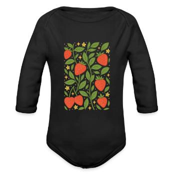 Strawberry Garden Pattern - Organic Long Sleeve Baby Bodysuit - black - Front