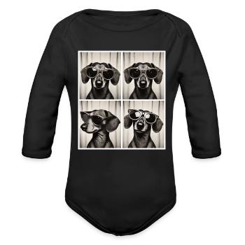 Retro Photo Strip with Dachshund and Sunglasses - Organic Long Sleeve Baby Bodysuit - black - Front