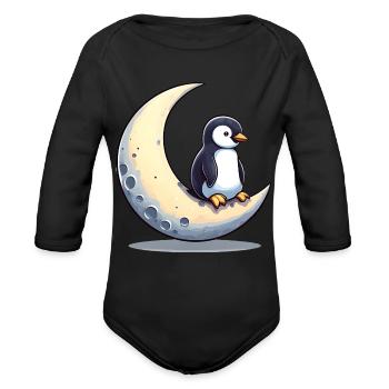 Penguin on crescent moon - moonlight dreams - Organic Long Sleeve Baby Bodysuit - black - Front