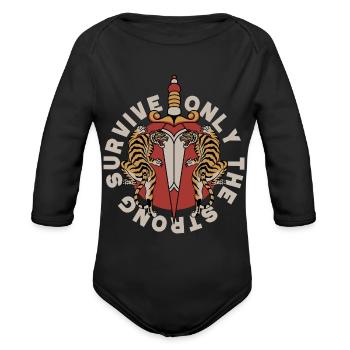 Twin Tigers & Dagger: Tattoo-Style Artwork - Organic Long Sleeve Baby Bodysuit - black - Front