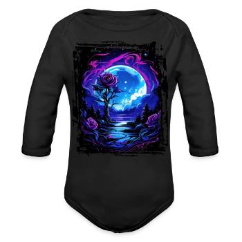 Dreamlike moonlight and a magical rose - Organic Long Sleeve Baby Bodysuit - black - Front