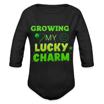 Growing my lucky charm. - Organic Long Sleeve Baby Bodysuit - black - Front