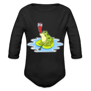 Frog On Leaf With Insect - Organic Long Sleeve Baby Bodysuit - black - Front