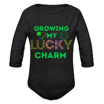 Growing my lucky charm. - Organic Long Sleeve Baby Bodysuit - black - Front