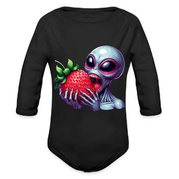 Alien UFO strawberry funny fruity - Organic Long Sleeve Baby Bodysuit - black - Front