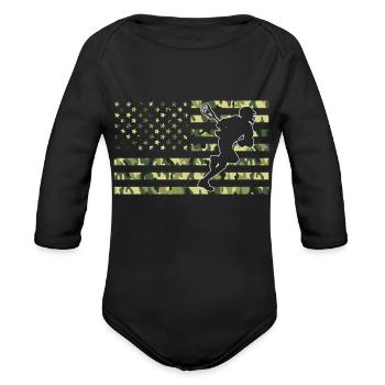 American Camo Flag Lacrosse American Flag Camo - Organic Long Sleeve Baby Bodysuit - black - Front