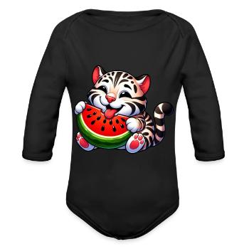 Bengal Cat With Watermelon Fruity Funny - Organic Long Sleeve Baby Bodysuit - black - Front