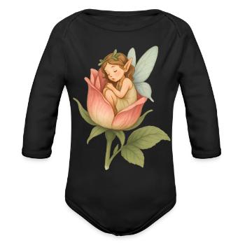 Tiny Fairy in a Rose - Organic Long Sleeve Baby Bodysuit - black - Front