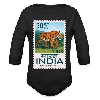 Vintage India Bengal Tiger Postage Stamp Art - Organic Long Sleeve Baby Bodysuit - black - Front