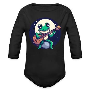 Moonlight frog with guitar - Organic Long Sleeve Baby Bodysuit - black - Front