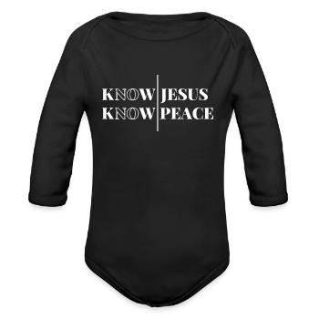 Know Jesus. Know Peace Christian Design - Organic Long Sleeve Baby Bodysuit - black - Front