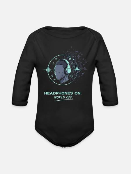 Headphones On, World Off Gaming Tee - Organic Long Sleeve Baby Bodysuit - black