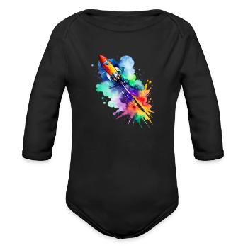 Cosmic Burst! - Rocket - Organic Long Sleeve Baby Bodysuit - black - Front