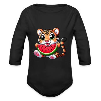 Bengal Cat with Watermelon Fruity Funny - Organic Long Sleeve Baby Bodysuit - black - Front