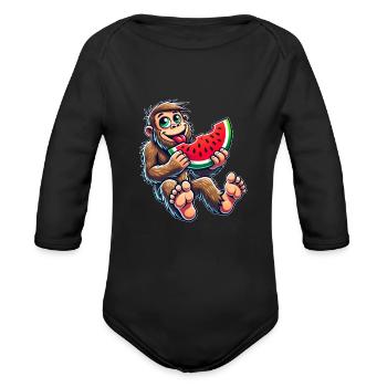 Cute Bigfoot with watermelon fruity cartoon summer - Organic Long Sleeve Baby Bodysuit - black - Front