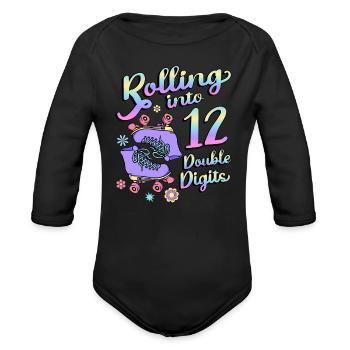 Rolling Into 12 Double Digits Floral Skaters 12th - Organic Long Sleeve Baby Bodysuit - black - Front
