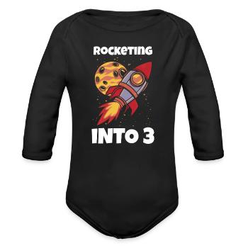 Rocketing Into 3 Moon Astronaut Kid 3rd Birthday - Organic Long Sleeve Baby Bodysuit - black - Front